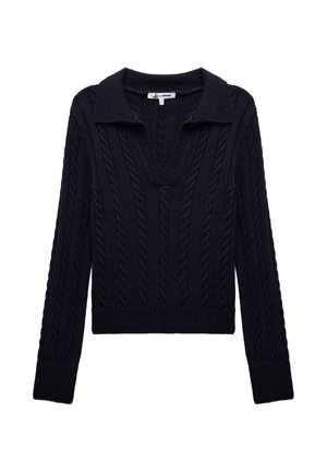 Marineblauer Kabelstrickpullover mit langen Ärmeln, V-Ausschnitt und gerippten Bündchen und Saum.