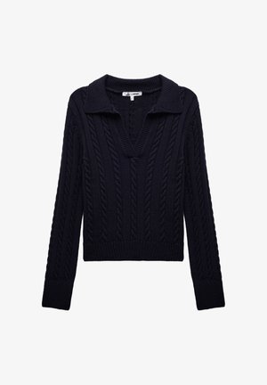 Marineblå cable knit sweater med lange ærmer, V-hals og ribbede manchetter og kant.