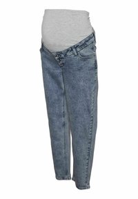 Jeans premaman con pannello per la pancia elasticizzato grigio chiaro, denim blu, taglio dritto, design a cinque tasche, cuciture visibili e chiusura con bottone.