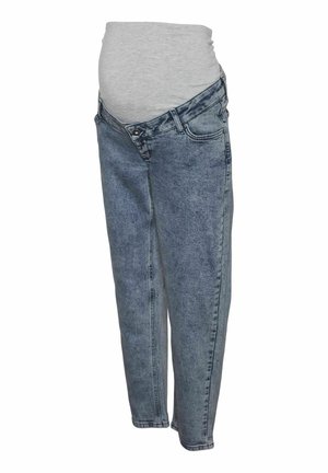 Spodnie ciążowe z elastycznym, jasnoszarym panelem na brzuch, denim w kolorze niebieskim, prosty krój, pięć kieszeni, widoczne przeszycia i zapięcie na guzik.