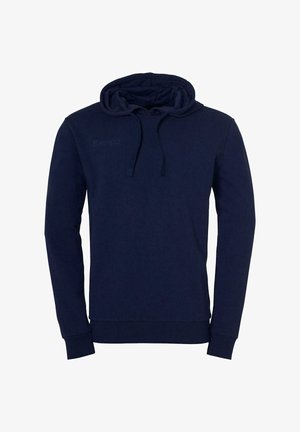 Marineblauwe hoodie van een katoenmengsel, met een trekkoordkap, lange mouwen, ribgebreide mouwen en een subtiele logo op de borst.