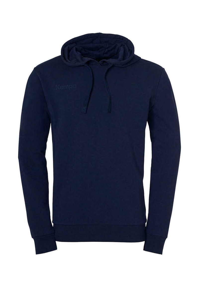 Felpa con cappuccio blu navy in misto cotone, dotata di cappuccio con cordino, maniche lunghe, polsini a costine e un logo discreto sul petto.