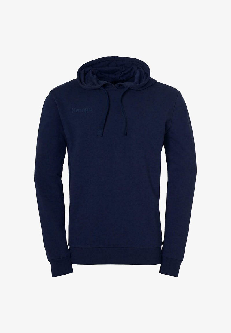 Dunkelblauer Kapuzenpullover aus Baumwollmischung, mit verstellbarem Kapuzenzug, langen Ärmeln, gerippten Bündchen und einem dezenten Logo auf der Brust.