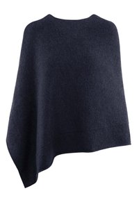 Poncho bleu marine foncé en tissu doux et texturé. Il présente un design drapé avec un ourlet asymétrique et un col rond.