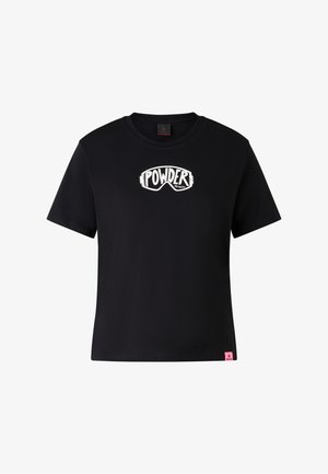 Sort bomulds t-shirt med korte ærmer, der har et hvidt "POWDER" grafisk tryk og skibriller design på forsiden, samt et pink mærke på kanten.