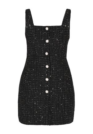 Zwart tweed jurk met een aansluitend ontwerp, vierkante halslijn en verstelbare schouderbanden. Bevat zes decoratieve knopen aan de voorkant.