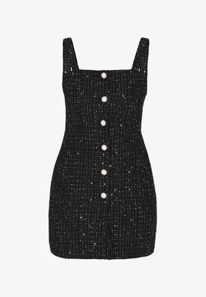 Sort tweedkjole med tætsiddende design, firkantet udkæring og justerbare stropper. Har seks dekorative knapper ned langs forsiden.