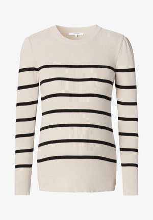 Pull à manches longues crème côtelé avec des rayures horizontales noires et un col rond, taille small.