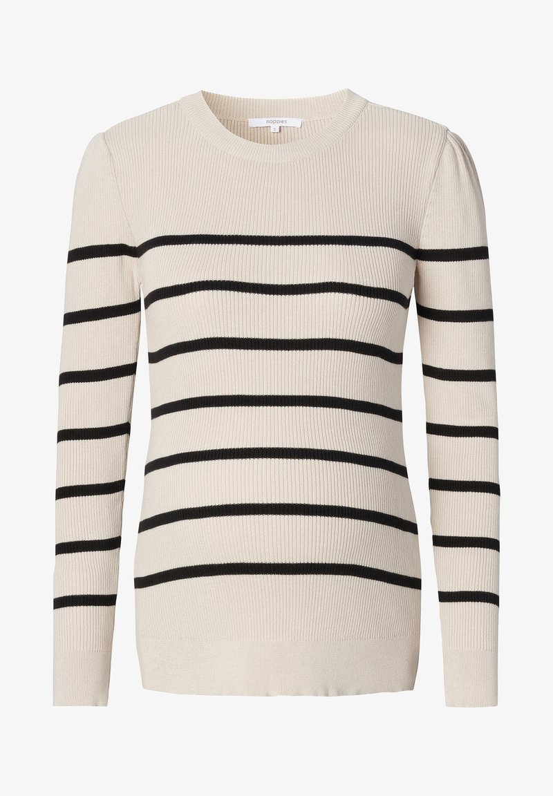 Pull à manches longues crème côtelé avec des rayures horizontales noires et un col rond, taille small.