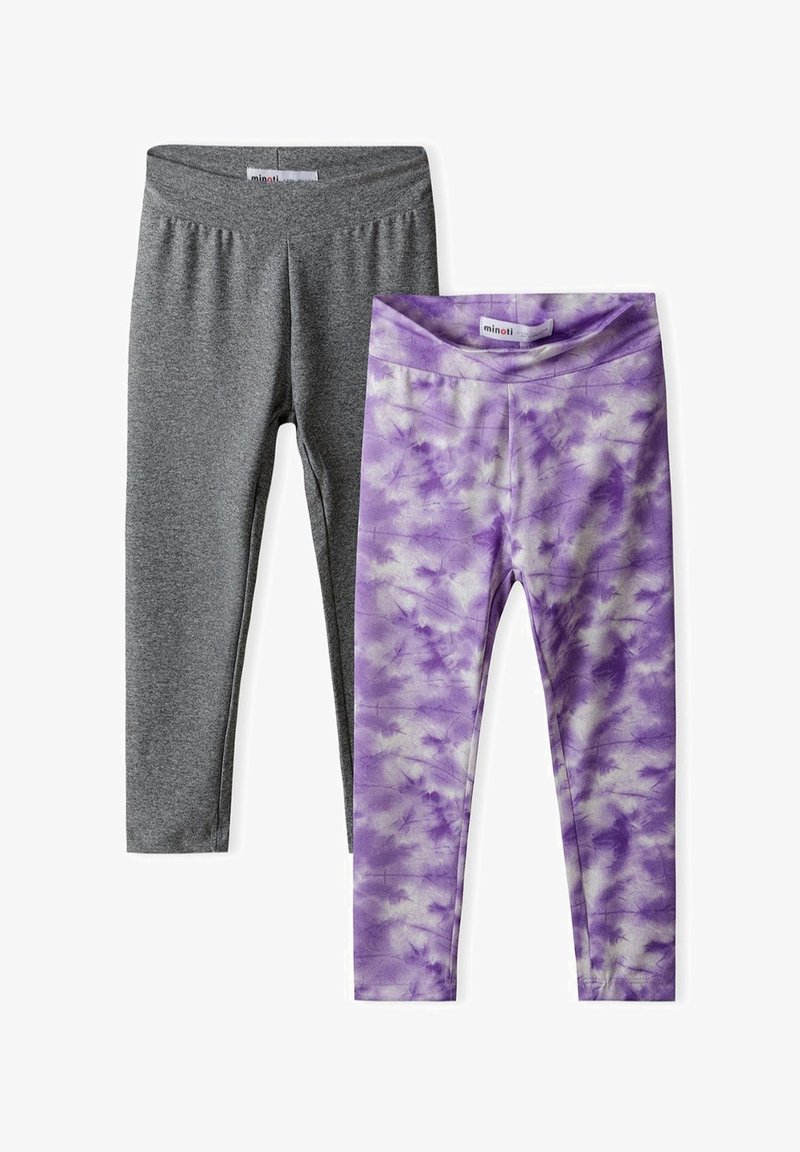 Two pairs of leggings: one gray solid, one purple tie-dye with white accents. Both feature elastic waistbands and a soft fabric texture.
