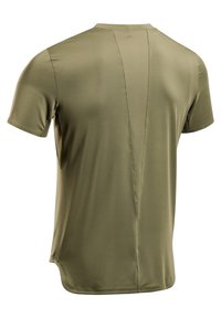 Olivgrünes Kurzarmhemd aus glattem, dehnbarem Stoff. Verfügt über eine reflektierende vertikale Naht am Rücken und einen abgerundeten Saum.