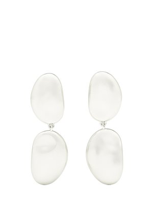 Orecchini pendenti color argento con due forme ovali lisce e irregolari collegate verticalmente, che riflettono la luce su uno sfondo bianco.
