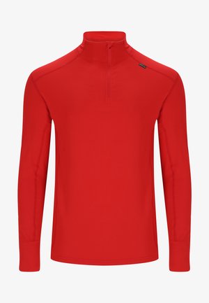 Punainen pitkähihainen neule, jossa on korkea kaulus, sisältää neljännesvetoketjun etuosassa, valmistettu sileästä, joustavasta kankaasta ja siinä on minimaalinen saumaus.