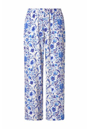 Witte broek met losse pasvorm en blauw bloemmotief, voorzien van een elastische tailleband en rechte pijpen.