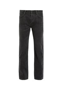 Sorte denim jeans med lige ben, fem lomme-design og diskret falming. Indeholder knaplukning og bæltesløjfer.