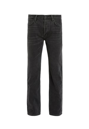 Jeans de mezclilla negros con corte recto, diseño de cinco bolsillos y un leve desgaste. Presenta un cierre de botón y presillas para cinturón.