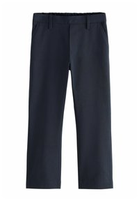Pantalons bleu marine à l'avant plat, taille élastique, deux poches latérales, design ajusté, fabriqués en tissu lisse avec un léger éclat.