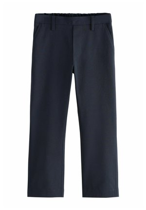 Pantalons bleu marine à l'avant plat, taille élastique, deux poches latérales, design ajusté, fabriqués en tissu lisse avec un léger éclat.