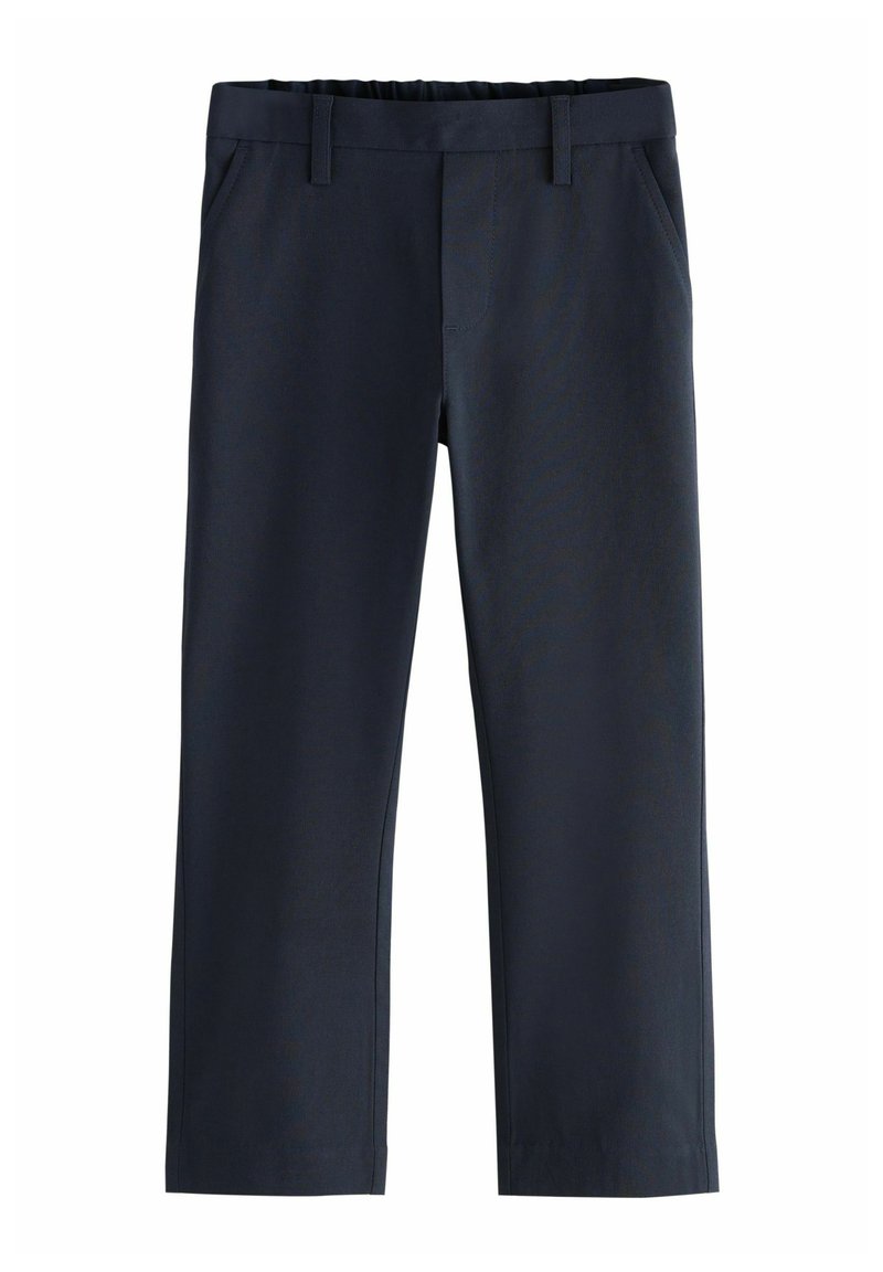 Pantalons bleu marine à l'avant plat, taille élastique, deux poches latérales, design ajusté, fabriqués en tissu lisse avec un léger éclat.