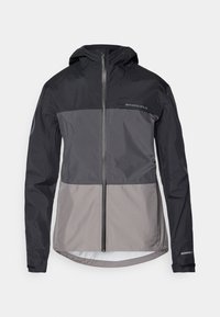 Veste à capuche pour hommes en blocs de couleur noire et grise, fabriquée en matériau léger avec une fermeture éclair avant et des poignets élastiques. Présente un logo.
