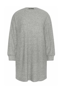 Abito grigio a costine con maniche lunghe e scollatura rotonda, caratterizzato da un tessuto testurizzato e una vestibilità leggermente oversize.