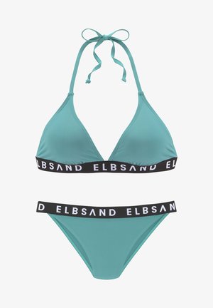 Turkusowy komplet bikini z trójkątnym stanikiem na halterze oraz czarnym pasaem z logo "ELBSAND". Dół ma dopasowany design.