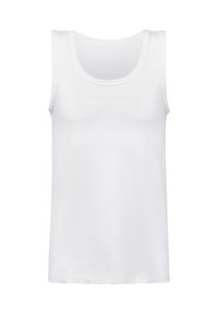 Witte mouwloze tanktop van geweven mesh stof, met een ronde halslijn en een rechte zoom. Eenvoudig ontwerp zonder versieringen.