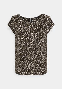Blusa a maniche corte con stampa leopardata nei toni di nero, marrone e crema, con scollo rotondo e dettaglio con zip sul retro.