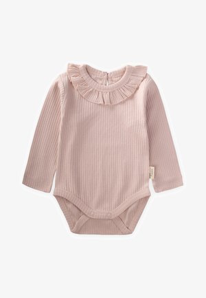 Bodysuit z dolgimi rokavi iz rebrastega materiala v mehki roza barvi, opremljen s plisiranim ovratnikom in zadrgo na dnu za enostavno oblačenje.
