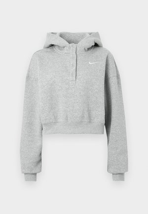 Gray cropped hoodie made from soft fabric, featuring a buttoned collar, long sleeves, and a small Nike logo on the chest.