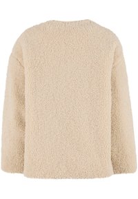 Svijetlo bež kaput od flisa sa teksturom, okrugli izrez i dugi rukavi. Jednostavan dizajn, mekan izgled i bez vidljivih kopči.