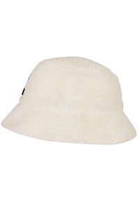 Pălărie albă tip bucket, confecționată din fleece texturat, cu boruri late și un design cu două straturi. Include un detaliu cu patch cu logo pe lateral.