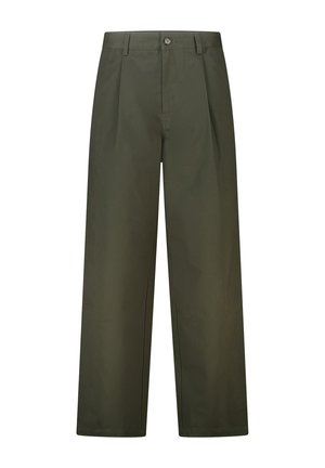 Donkergroene rechte broek met knoop- en ritssluiting, riemlussen en voorplooien, afgebeeld tegen een witte achtergrond.