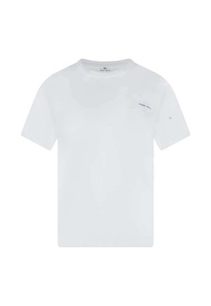 T-shirt blanc à manches courtes et col rond avec un petit logo texte "Teddy Smith" sur le côté gauche de la poitrine.
