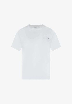 T-shirt blanc à manches courtes et col rond avec un petit logo texte "Teddy Smith" sur le côté gauche de la poitrine.