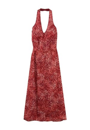 Vestido maxi rojo con cuello halter y patrón abstracto moteado en rosa y blanco, corsé ajustado y falda acampanada.