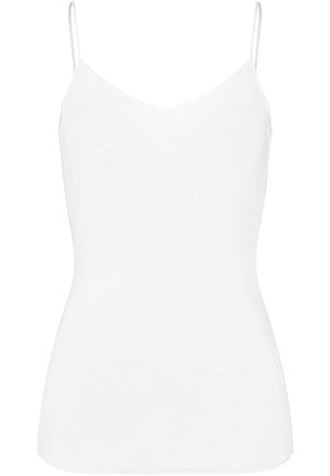 Camisola bianca con spalline sottili, scollatura a V e un design aderente. Realizzata in tessuto liscio e leggero. Senza motivi o dettagli.
