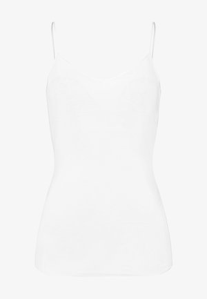 Valkoinen toppi ohuilla olkaimilla, v-mallinen kaula-aukko ja istuva muotoilu. Valmistettu sileästä, kevyestä kankaasta. Ei kuvioita tai yksityiskohtia.