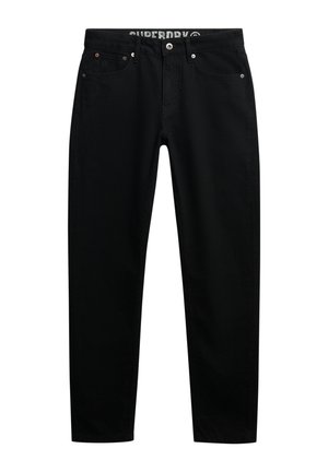 Czarne dżinsy denimowe o prostym kroju nogawki, z przednimi kieszeniami, zapięciem na guziki i suwak oraz z logo na pasku.