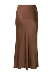 Jupe midi en satin brun avec un ourlet évasé, présentant une texture lisse et une ceinture élastique pour le confort. Design simple et épuré.