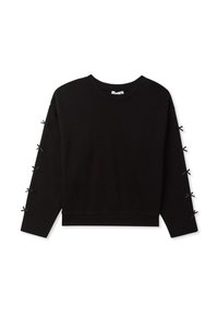 Czarny sweatshirt z długimi rękawami, z wstążkowymi akcentami na rękawach i okrągłym dekoltem. Wykonany z miękkiego materiału, o luźnym kroju.