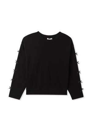 Czarny sweatshirt z długimi rękawami, z wstążkowymi akcentami na rękawach i okrągłym dekoltem. Wykonany z miękkiego materiału, o luźnym kroju.