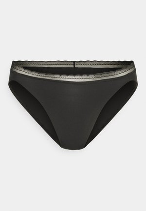 Sort bikiniunderdel med en glat tekstur, prydet med en bølget metallisk kant langs taljen og et klassisk briefdesign.