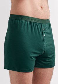 Grüne Baumwollmischung Boxershorts mit einem weichen elastischen Bund, der das eingeprägte "erlich textil" Logo trägt, und zwei vorderen Knöpfen zum Schließen.
