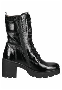 Bottine brillante en cuir verni noir avec talon épais, fermeture éclair latérale et fermeture à lacets devant sur semelle crantée.