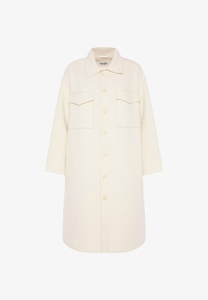 Cremefarbenes Hemdblusenkleid mit Kragen, zwei Fronttaschen und lockerem Schnitt. Hergestellt aus strukturiertem Stoff.