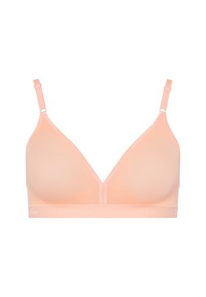 Pfirsichfarbener Bralette mit glatter Textur, dreieckigen Cups, verstellbaren Trägern und einem unpolsterten Design, das ein dezentes Logo-Band aufweist.