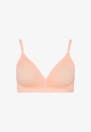 Pfirsichfarbener Bralette mit glatter Textur, dreieckigen Cups, verstellbaren Trägern und einem unpolsterten Design, das ein dezentes Logo-Band aufweist.