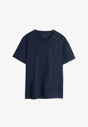 Marineblauwe katoen t-shirt met korte mouwen, ronde hals en een eenvoudig ontwerp. Soepele textuur en geen zichtbare patronen of accenten.