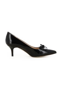 Décolleté in vernice nera con punta affusolata, adornata con un fiocco decorativo e un tacco sottile di 5 cm. Texture liscia e lucida.